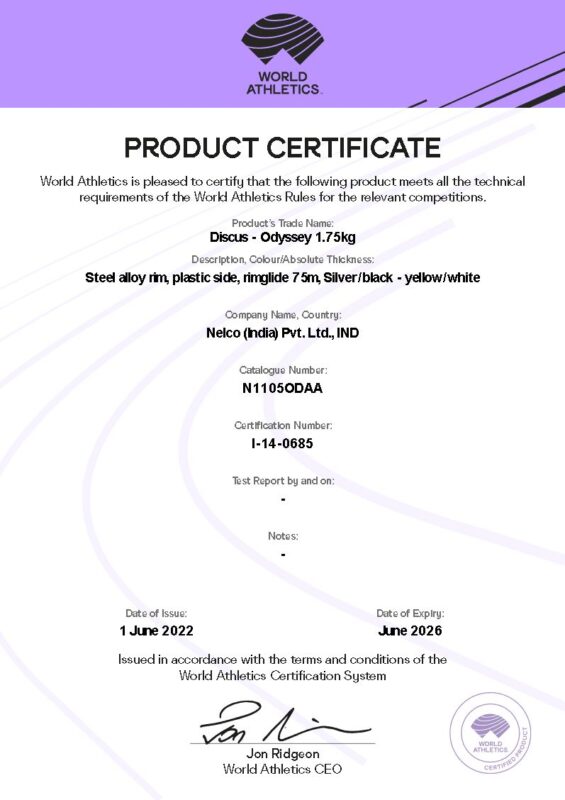 2022 0607 DT Odyssey 1.75kg I-14-0685 N11050DAA Certificate Nelco_1